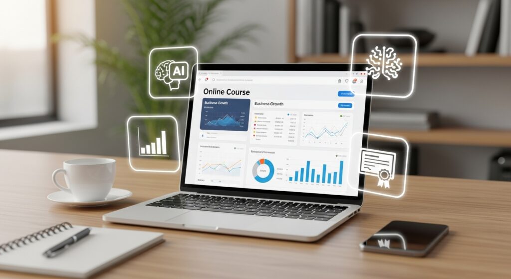 Illustration of entrepreneurs using laptops and tablets for e-learning, surrounded by digital icons symbolizing innovation, AI, and online education.