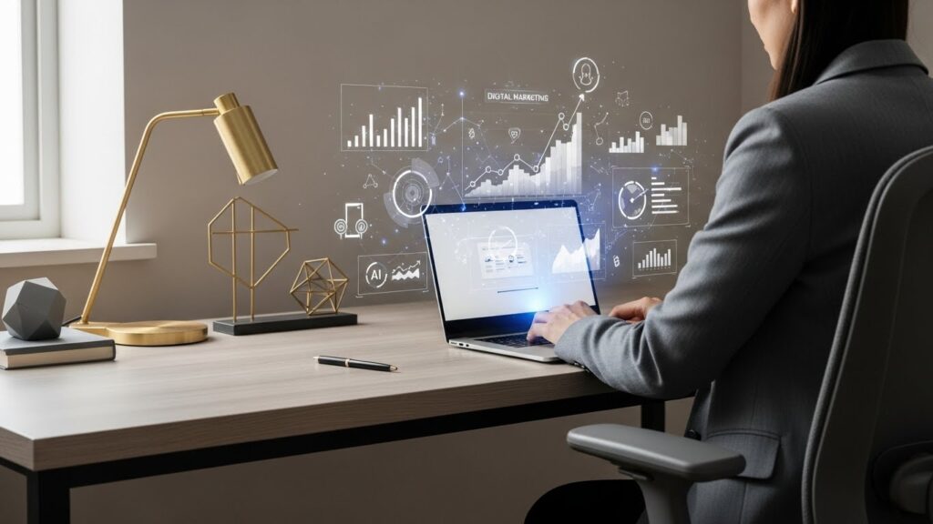 Illustration representing digital marketing trends in 2026 including AI, personalization, and data- driven strategies.