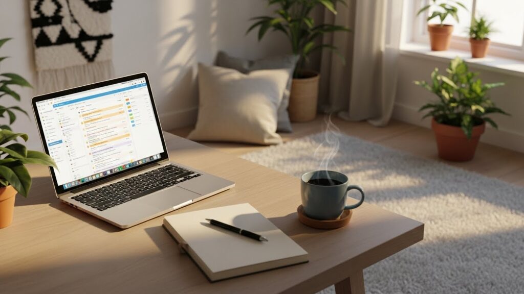 Illustration of a new virtual assistant working remotely on a laptop with digital tools and task icons around the screen