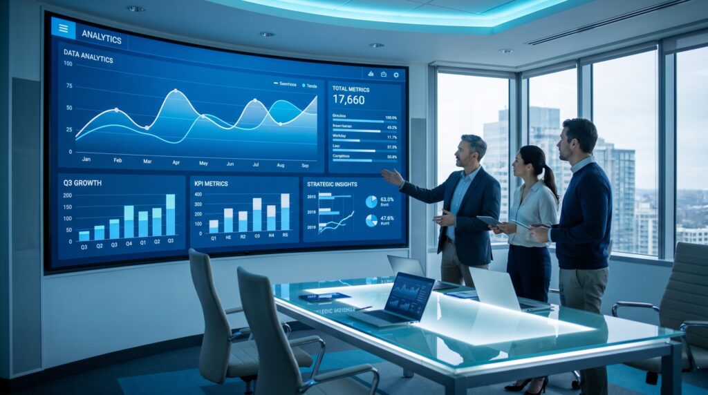 Illustration showing business growth insights with charts, analytics dashboards, and strategic planning elements representing 2025 business lessons.