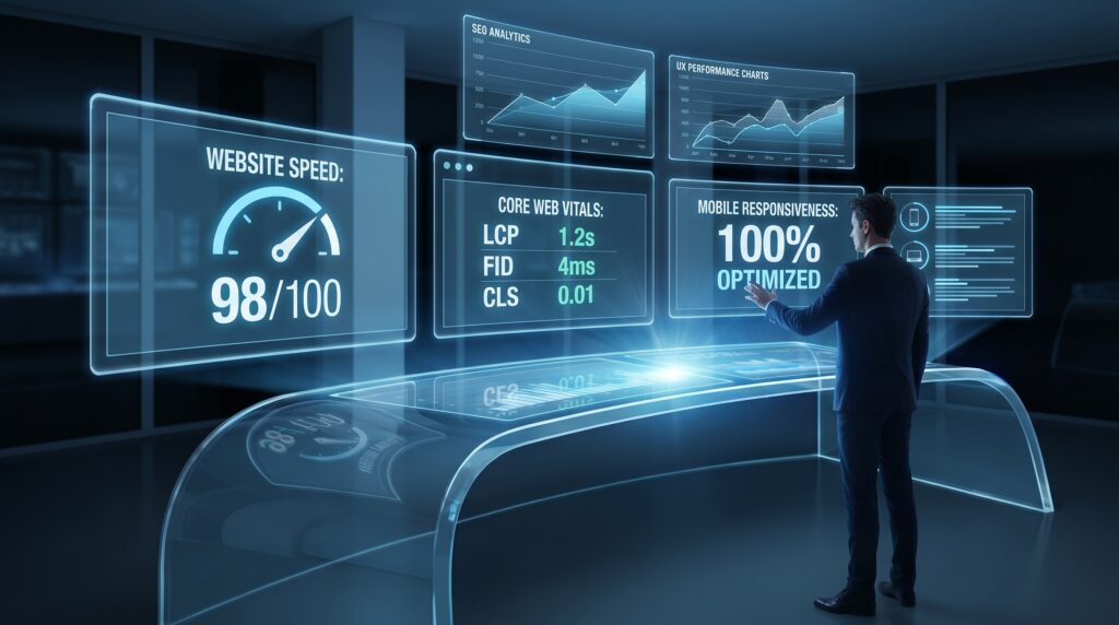 Illustration showing a fast, optimized website interface with speed indicators, analytics charts, mobile responsiveness, and UX performance elements.