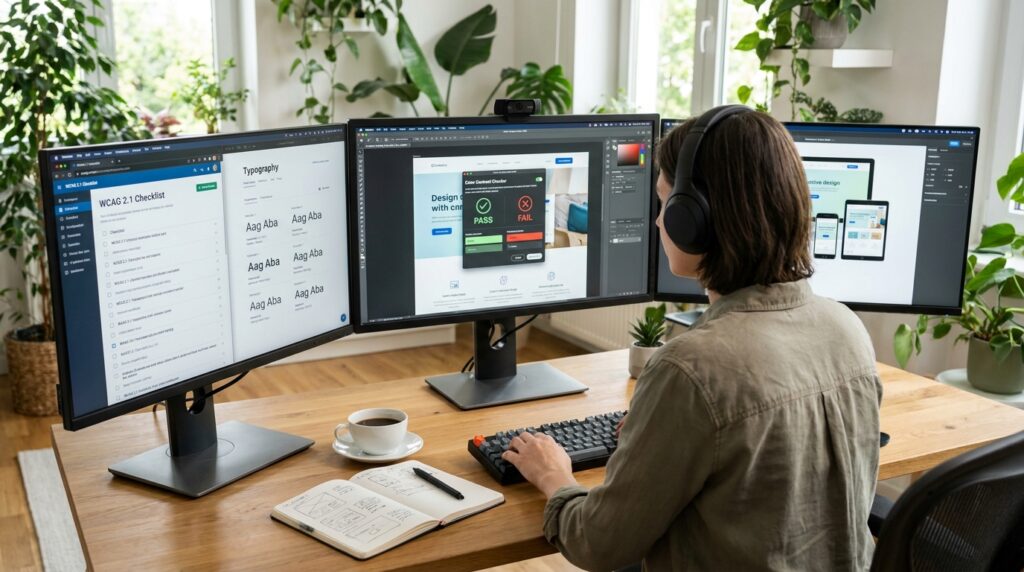Illustration showing a secure and accessible website interface with cybersecurity shields, accessibility icons, responsive design elements, and digital protection systems.