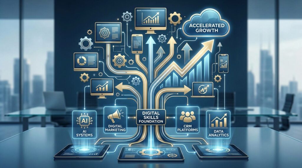Illustration showing business professionals using digital tools, data analytics dashboards, AI technology, cloud platforms, and digital marketing systems to drive business growth and innovation in 2026.