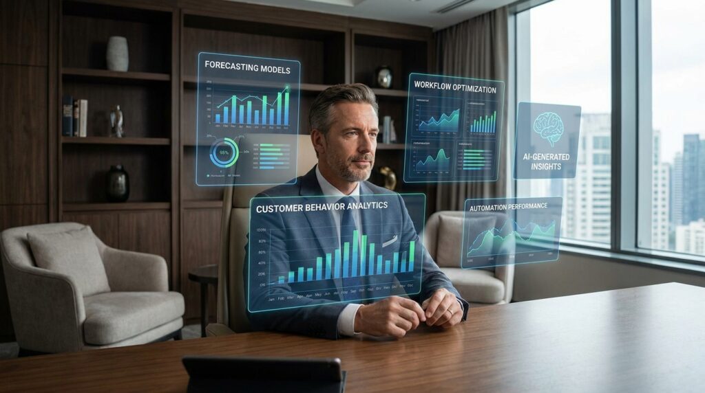 Illustration showing AI automation transforming business operations through intelligent workflows, automated processes, customer service chatbots, data analytics dashboards, and productivity tools in a modern digital workplace.