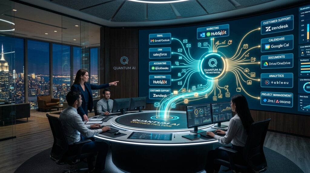 Illustration showing a modern business using AI tools to automate daily tasks including email management, customer support, scheduling, marketing, sales, document organization, data analysis, and project management through intelligent digital dashboards.