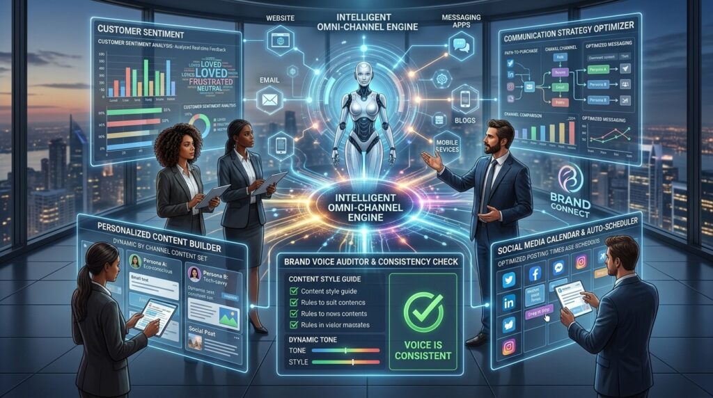Illustration showing a modern digital communication workspace with a brand strategist managing social media, website content, email marketing, customer messaging, AI-powered communication tools, branding elements, and audience engagement analytics across multiple digital platforms.