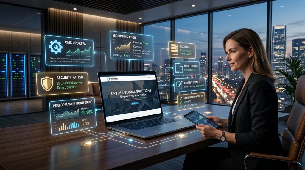 Premium illustration showing a business owner maintaining a modern website through regular CMS updates, security monitoring, performance optimization, mobile testing, SEO improvements, and website maintenance.
