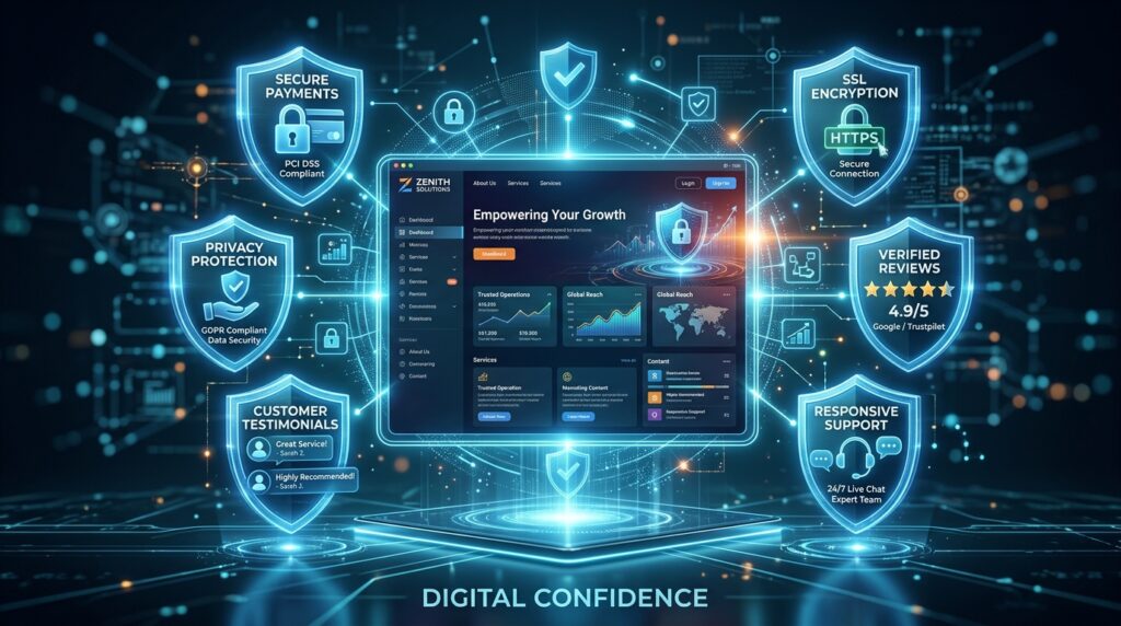 Illustration showing a modern business website with an intuitive user interface, fast-loading pages, mobile-responsive design, customer trust indicators, conversion analytics, and UX performance dashboards, representing an exceptional digital customer experience.