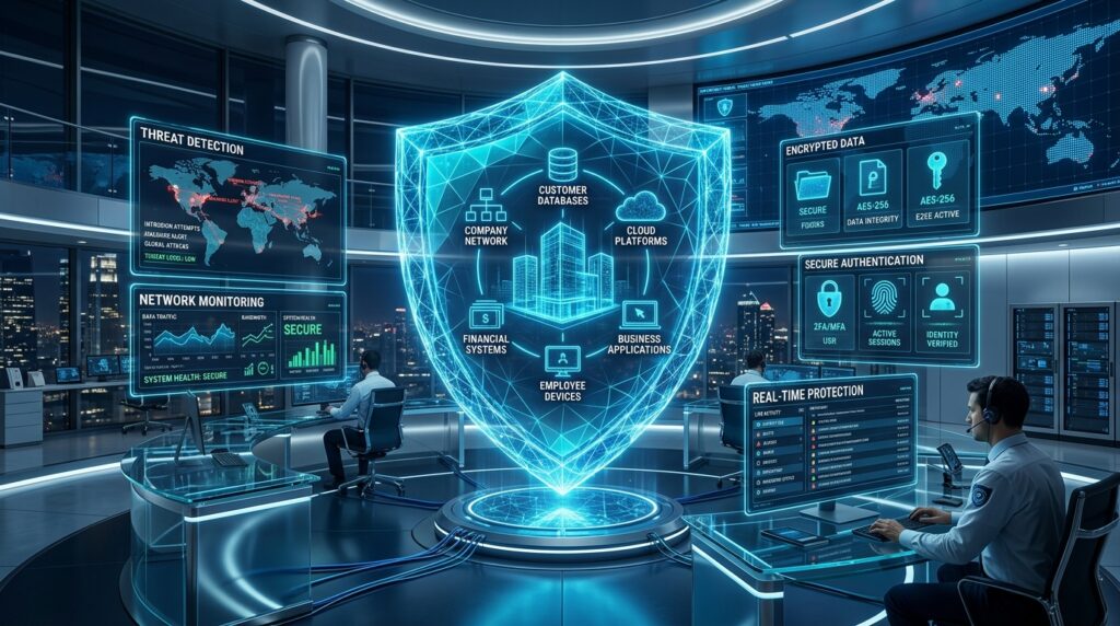 Illustration showing a modern business cybersecurity environment with protected customer data, secure cloud systems, multi factor authentication, cybersecurity shields, employee awareness, encrypted communication, threat monitoring dashboards, and digital security tools protecting business operations.