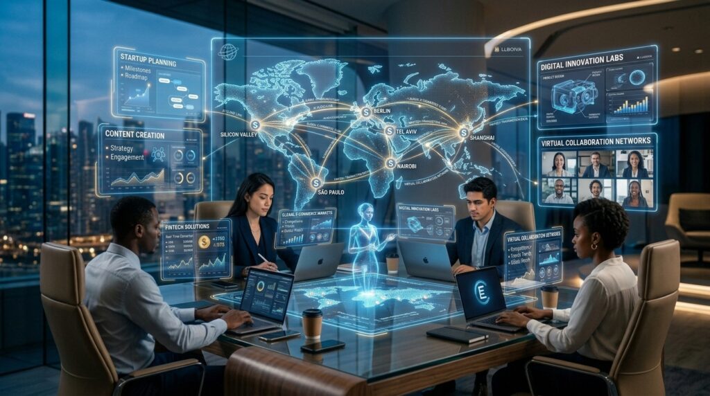 Illustration showing young entrepreneurs developing digital skills through AI tools, digital marketing dashboards, data analytics, cloud technology, cybersecurity, and online collaboration in a modern innovation hub, representing business growth and future-ready entrepreneurship.