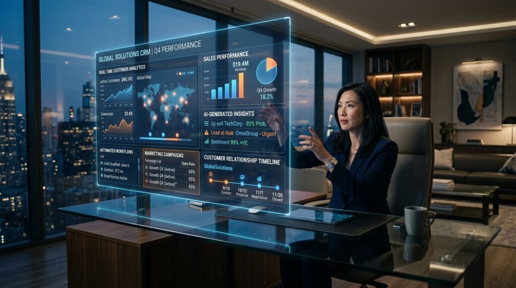 Illustration showing a modern CRM dashboard displaying customer profiles, sales pipeline management, communication history, marketing automation, customer engagement analytics, AI-powered insights, and relationship-building tools connecting businesses with loyal customers