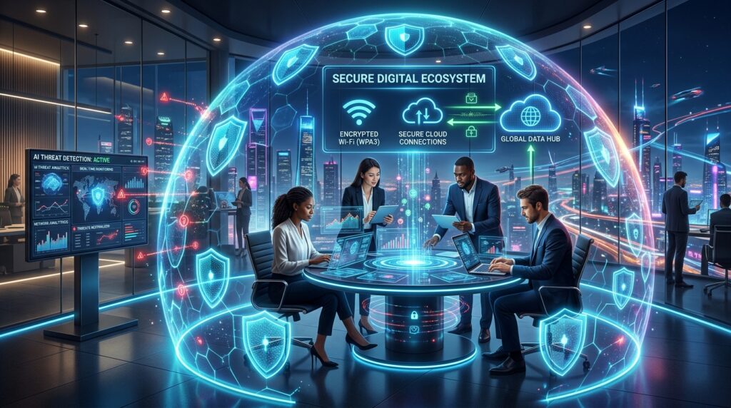 Illustration showing a secure digital business network with encrypted Wi Fi connections, cybersecurity shields, protected customer data, cloud security systems, and professionals working safely in a connected digital environment.