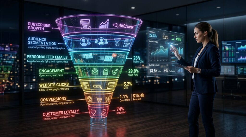 illustration showing a modern email marketing campaign with personalized emails, audience segmentation, automation workflows, analytics, customer engagement, conversion tracking, and sales growth displayed through an elegant digital marketing dashboard.