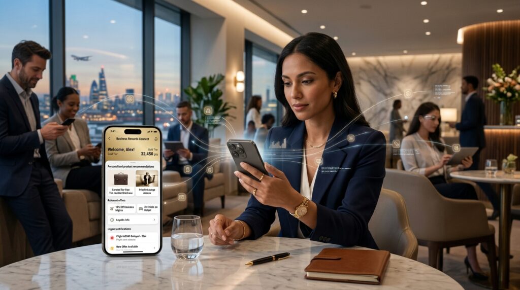 illustration showing a modern mobile app connecting businesses with customers through personalized experiences, push notifications, loyalty rewards, customer support, analytics, secure payments, and mobile engagement.