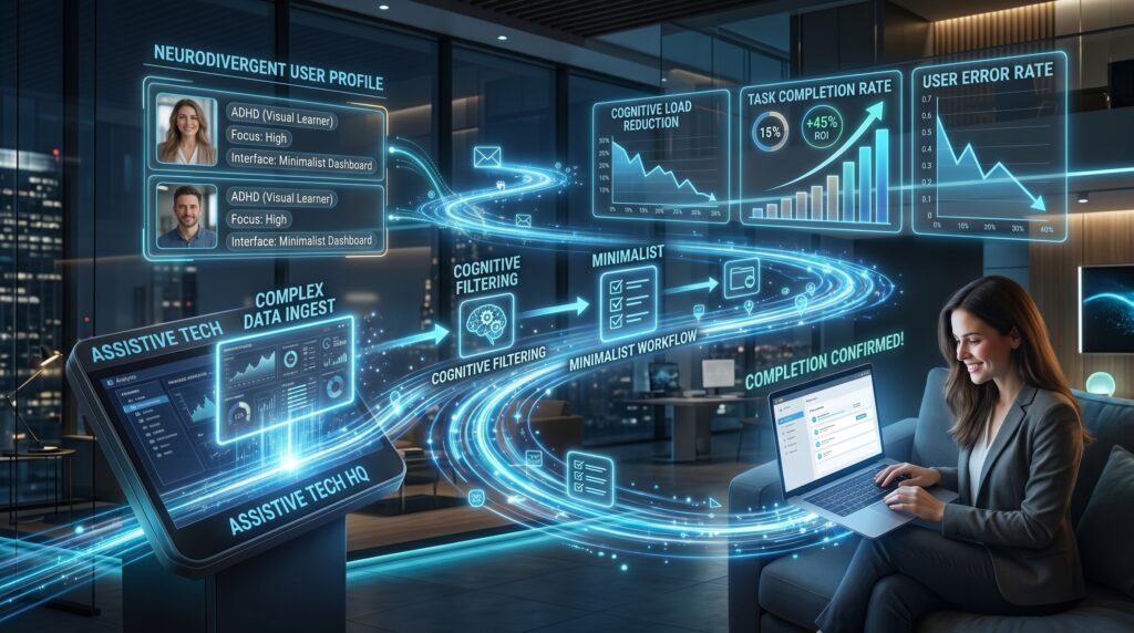 Technical infographic showing digital transformation for ADHD users, featuring an assistive tech workflow that filters complex data streams into a minimalist dashboard, alongside metric cards displaying cognitive load reduction, higher task completion, and lower error rates."