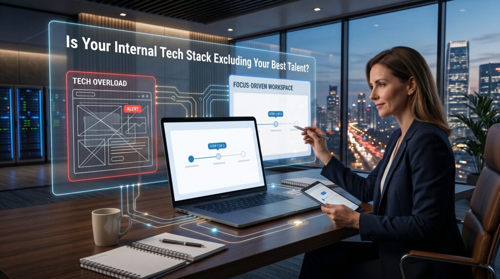 Illustration of a woman pointing to a widescreen monitor showing: Is your internal tech stack accidentally excluding your bes